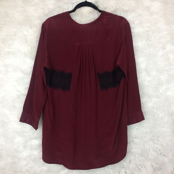 Sandro Burgundy Black Lace 100% Silk Eponyme Blouse Womens Size 8 - Picture 6 of 8